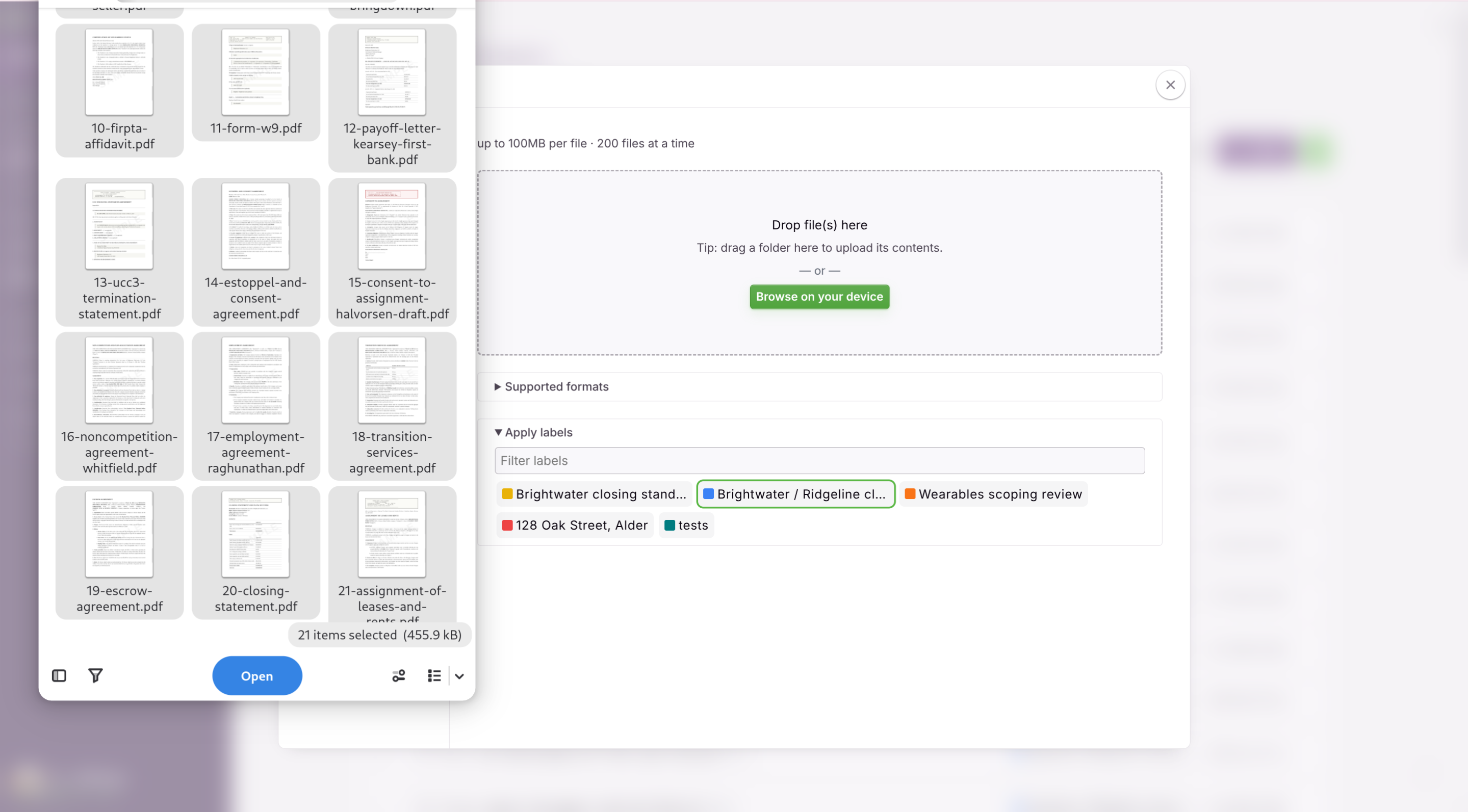 Add Documents panel with a label applied before upload