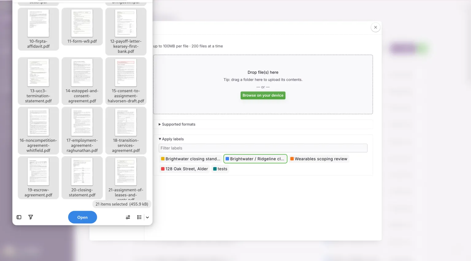 Add Documents panel with a label applied before upload