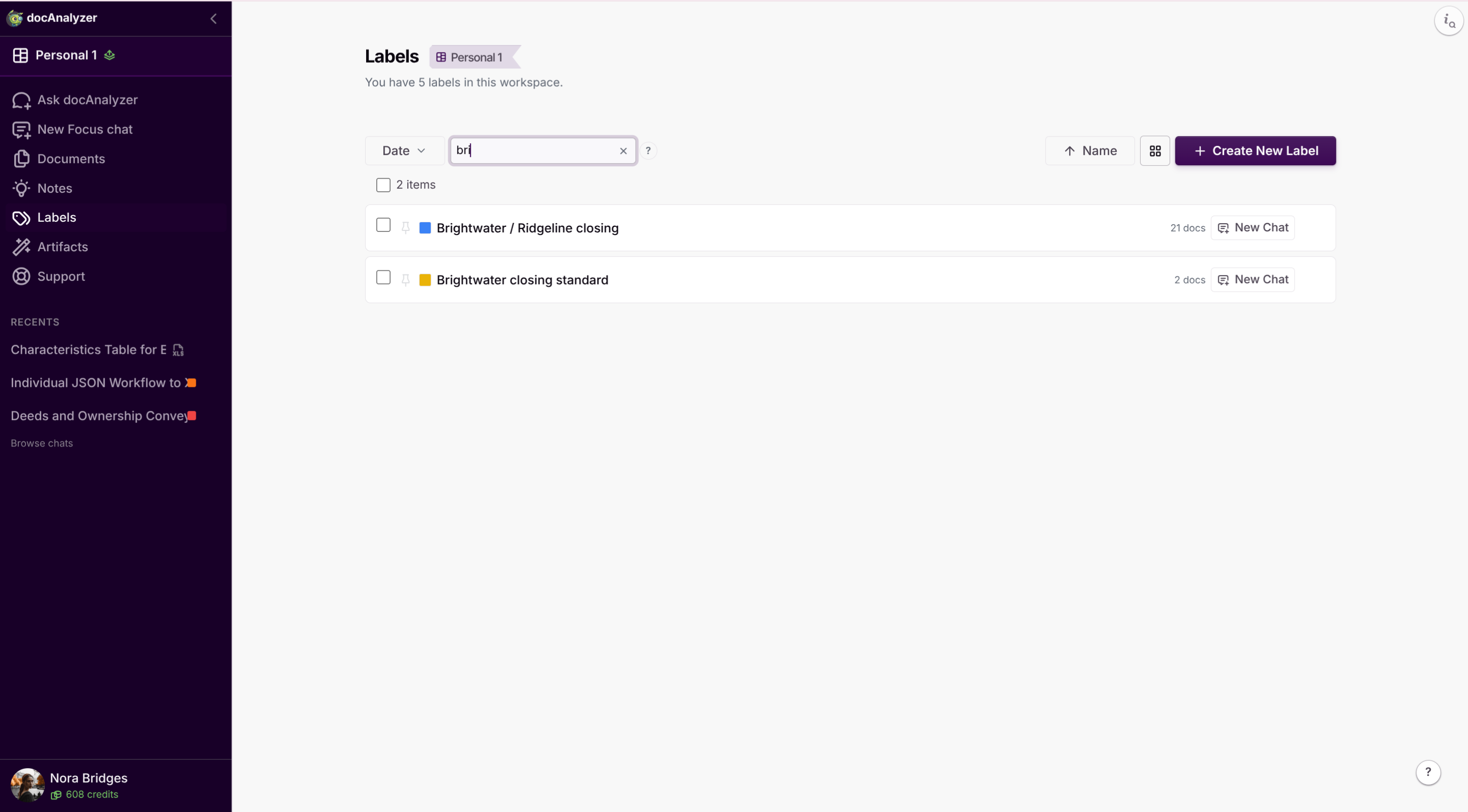 Labels page showing two labels with their document counts