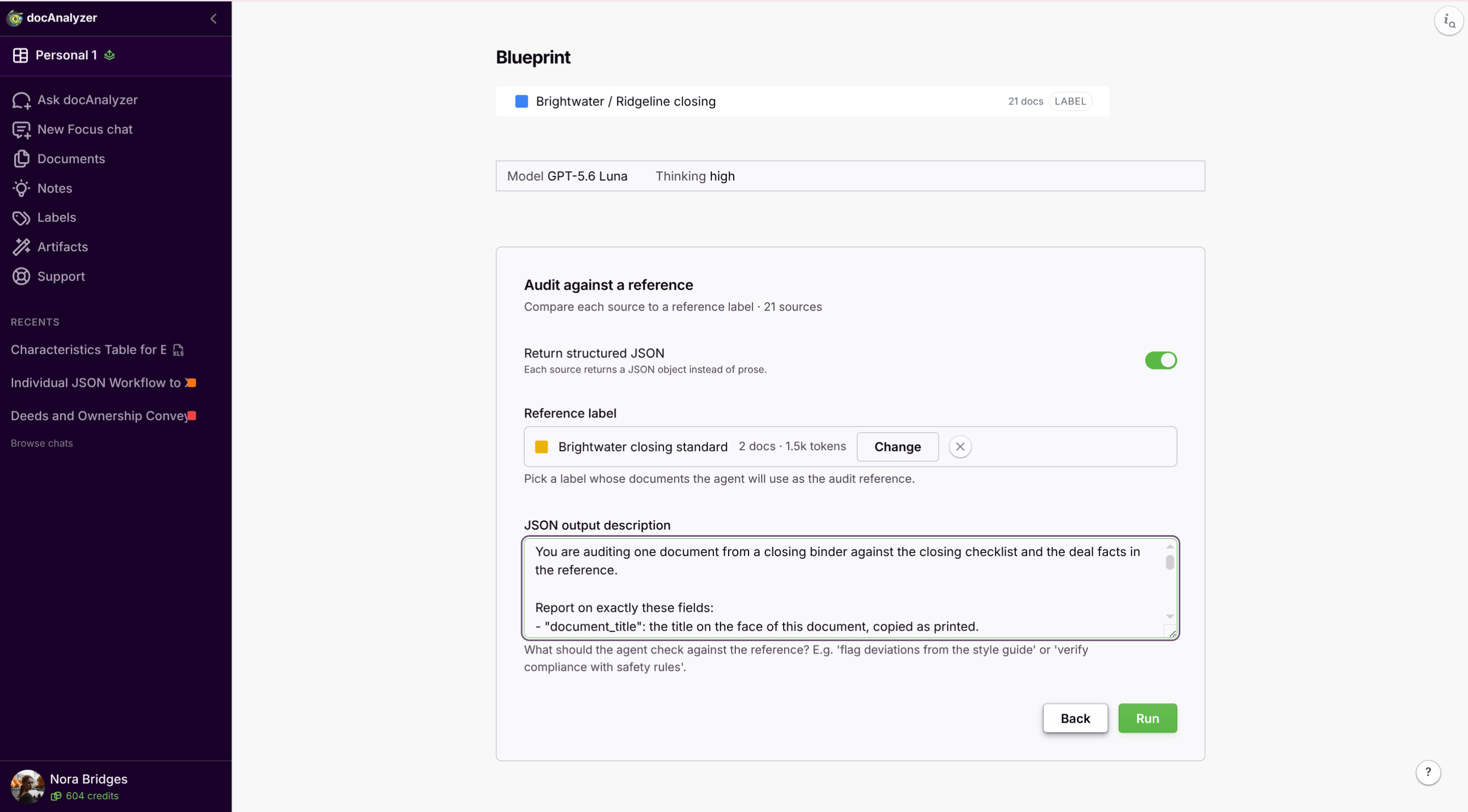 Blueprint workflow form with the reference label picked, Return structured JSON on, and the instruction pasted