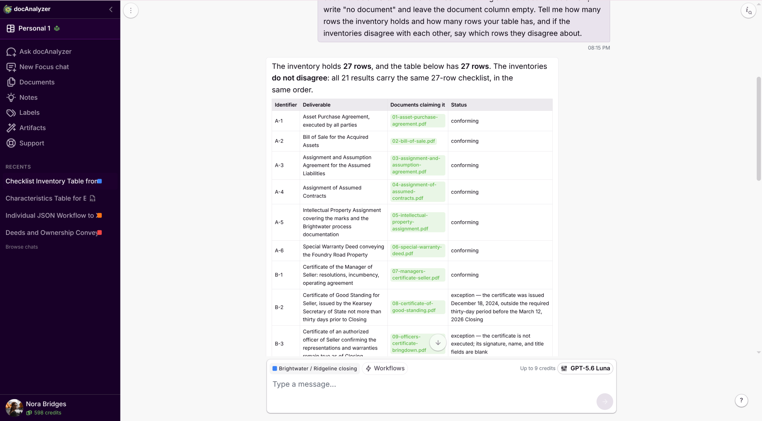 Chat answer opening with the inventory and table row counts, above the checklist table