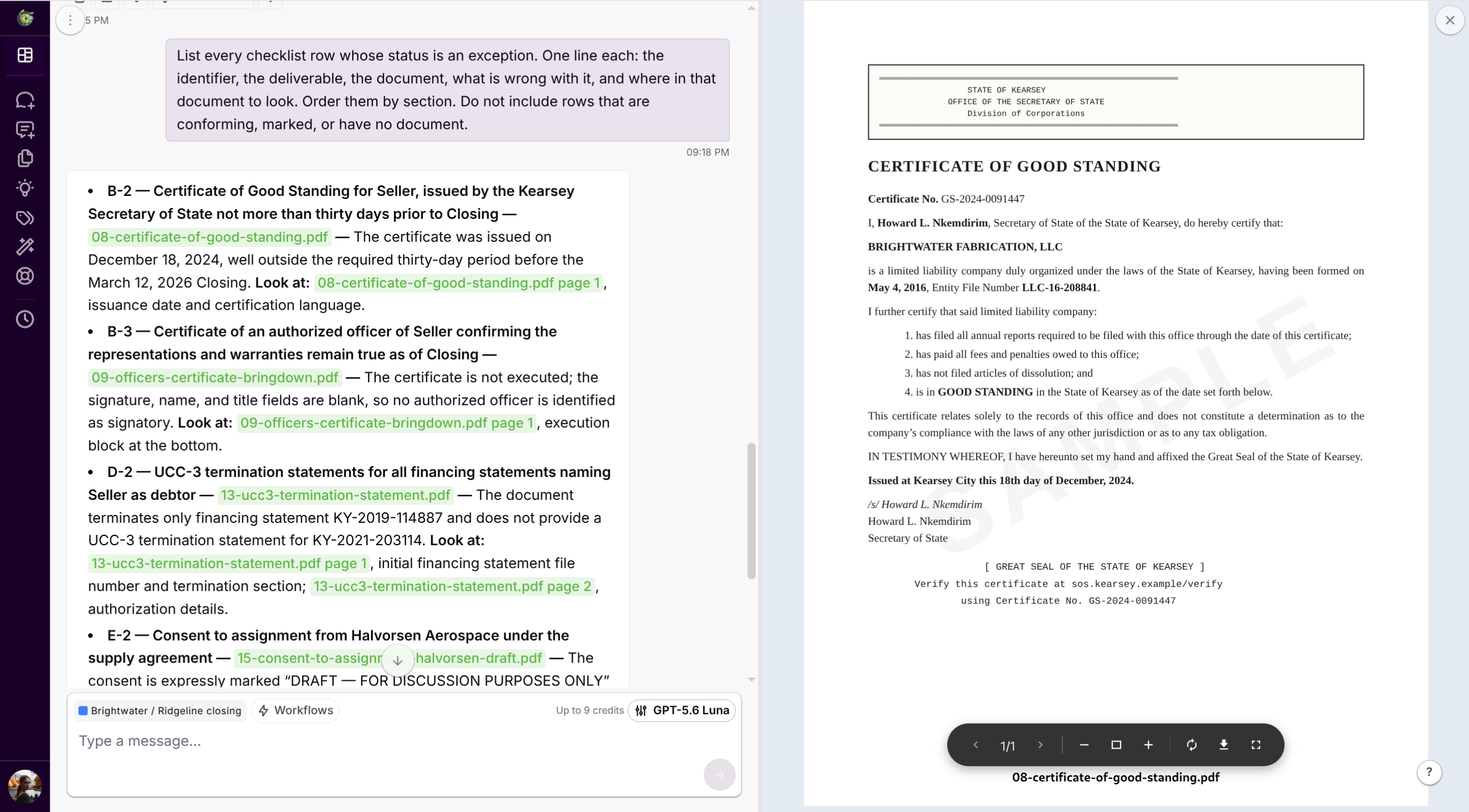 Exception list in the chat beside the cited document open at the page