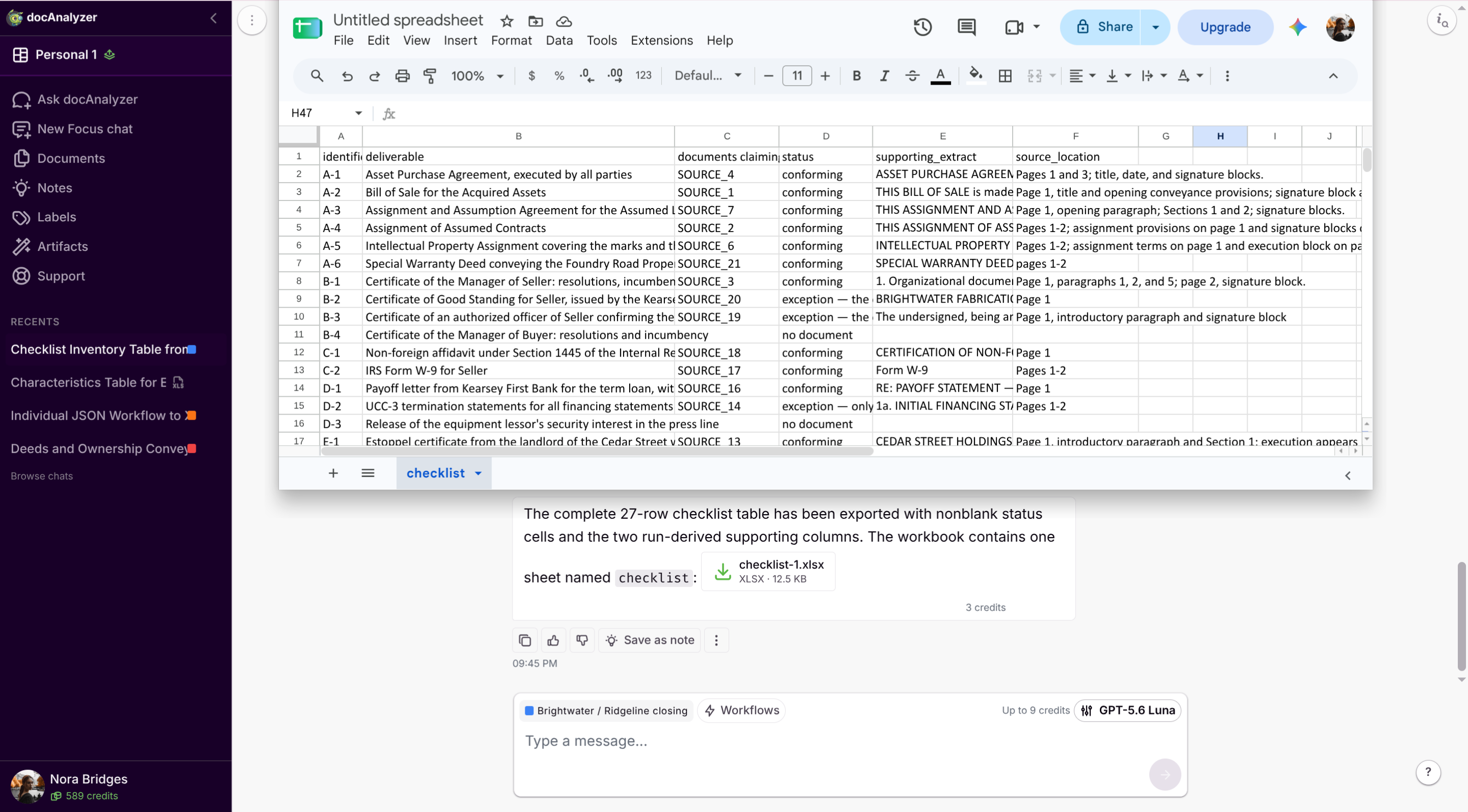 The exported workbook open in a spreadsheet, showing the checklist sheet