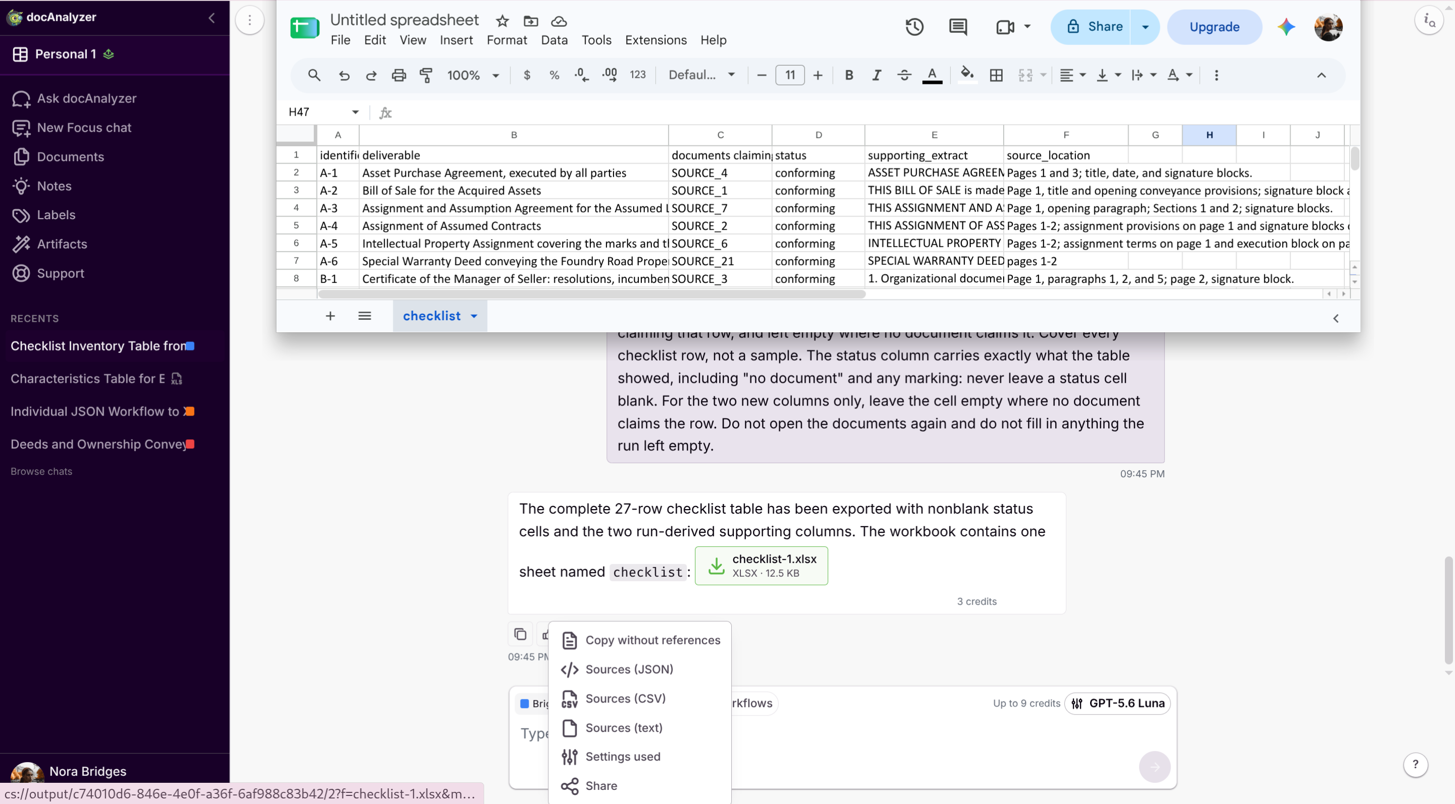 The answer's overflow menu open on Sources JSON, CSV and text