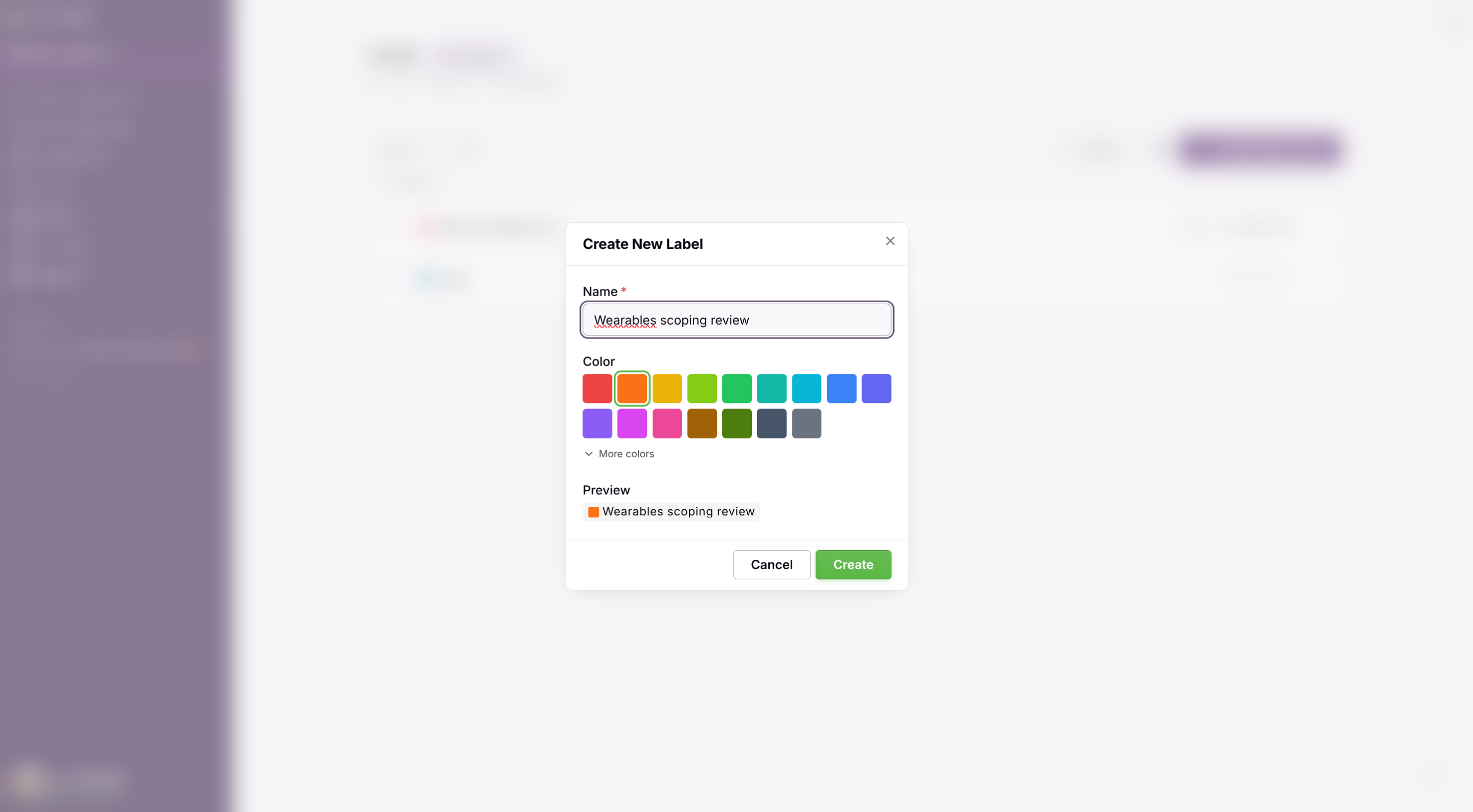 The Create New Label dialog