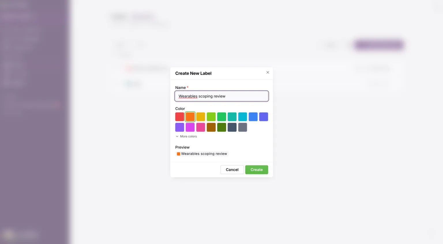 The Create New Label dialog