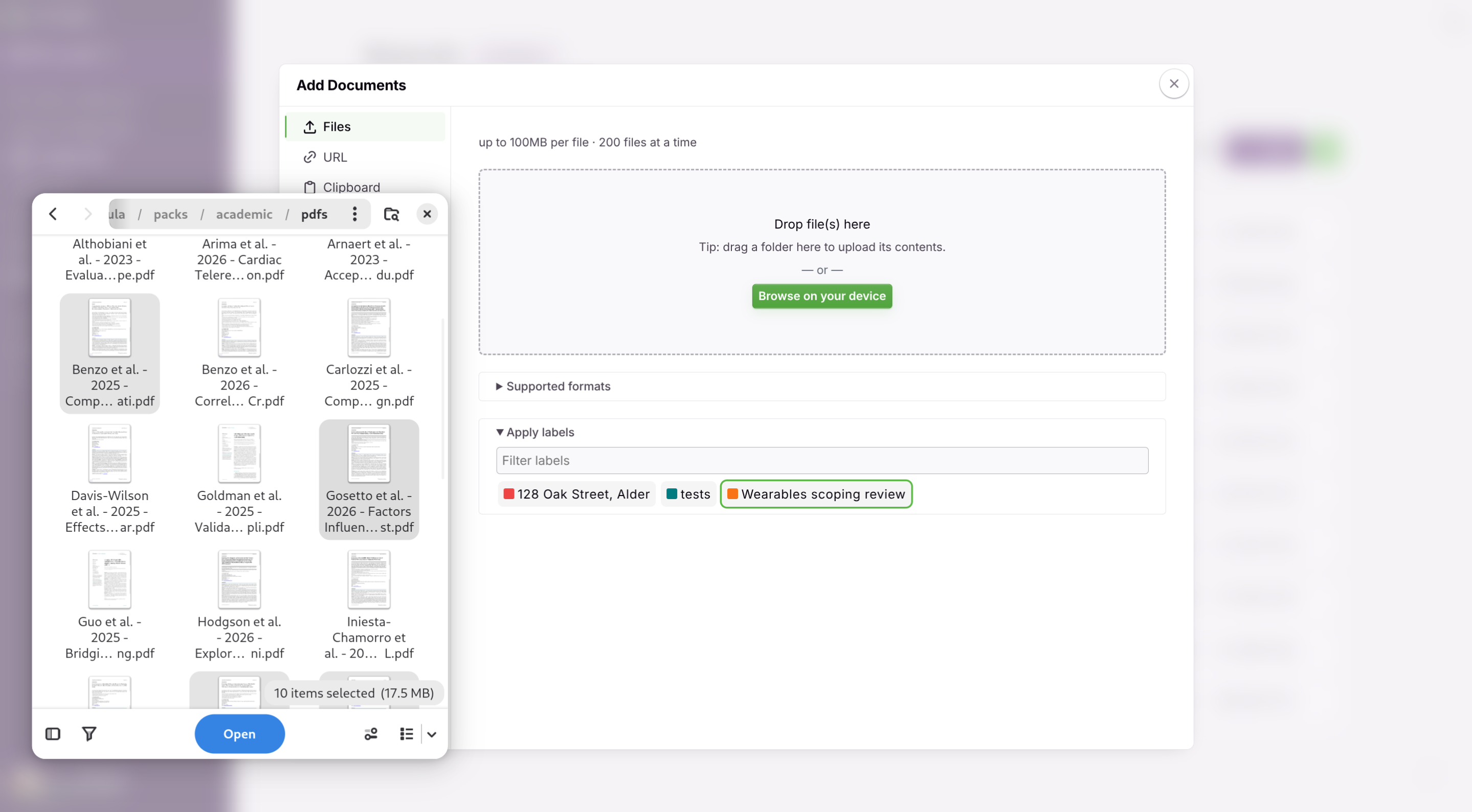 Add Documents panel with reports selected and a label applied