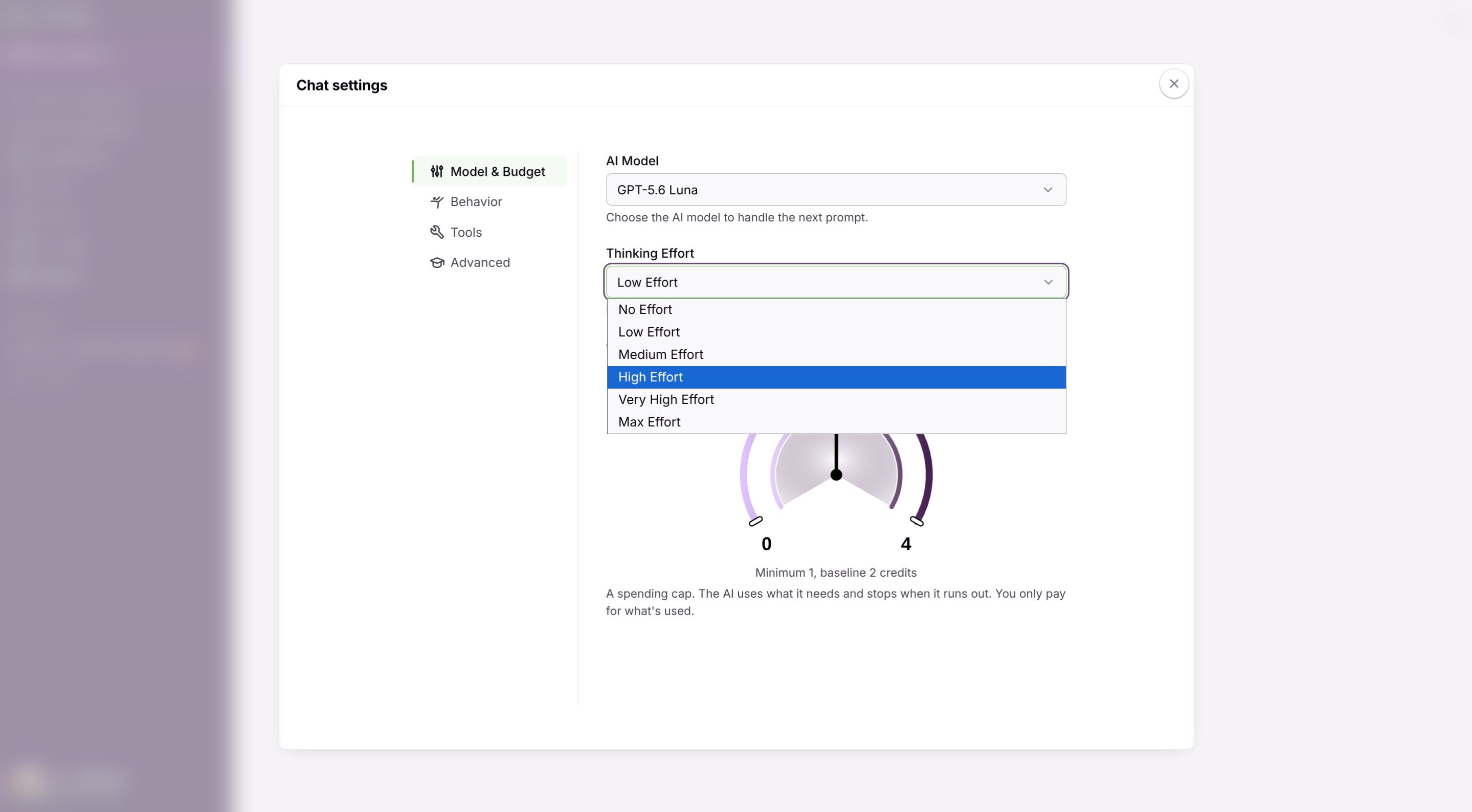 Chat settings with the Thinking Effort menu open on High