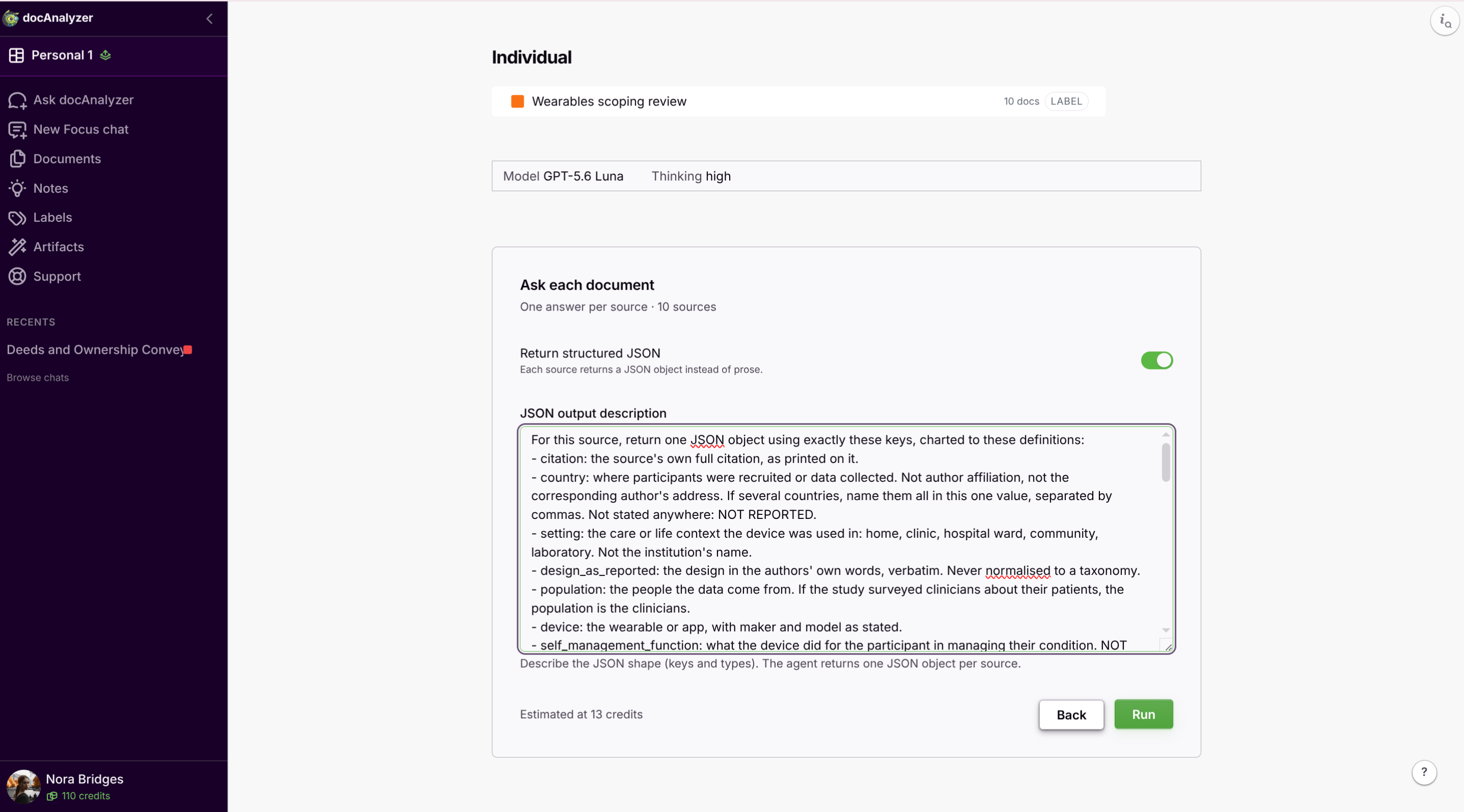 Ask each document with Return structured JSON on, the charting form pasted in, and the run settings summary