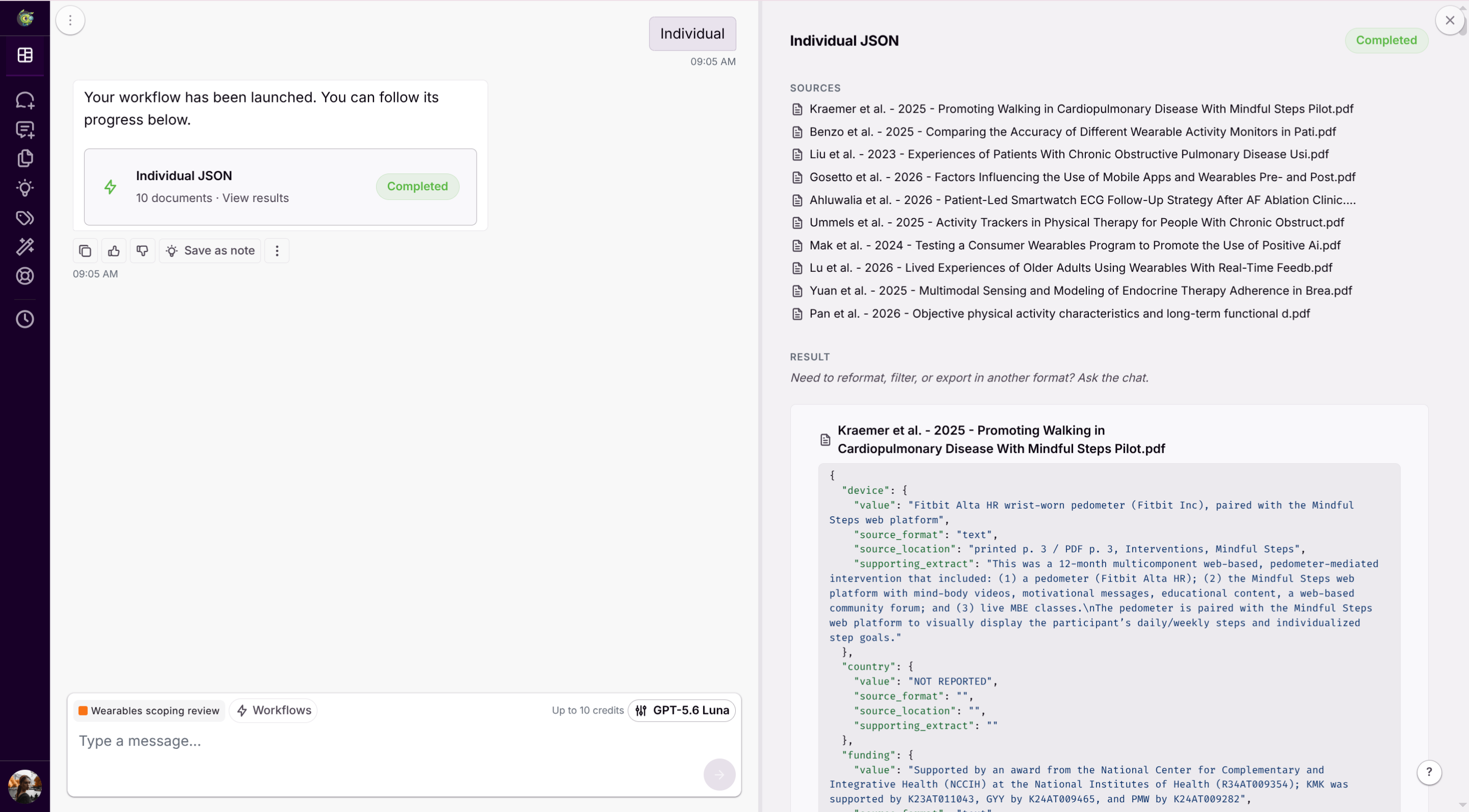 Workflow results panel showing one JSON object per source