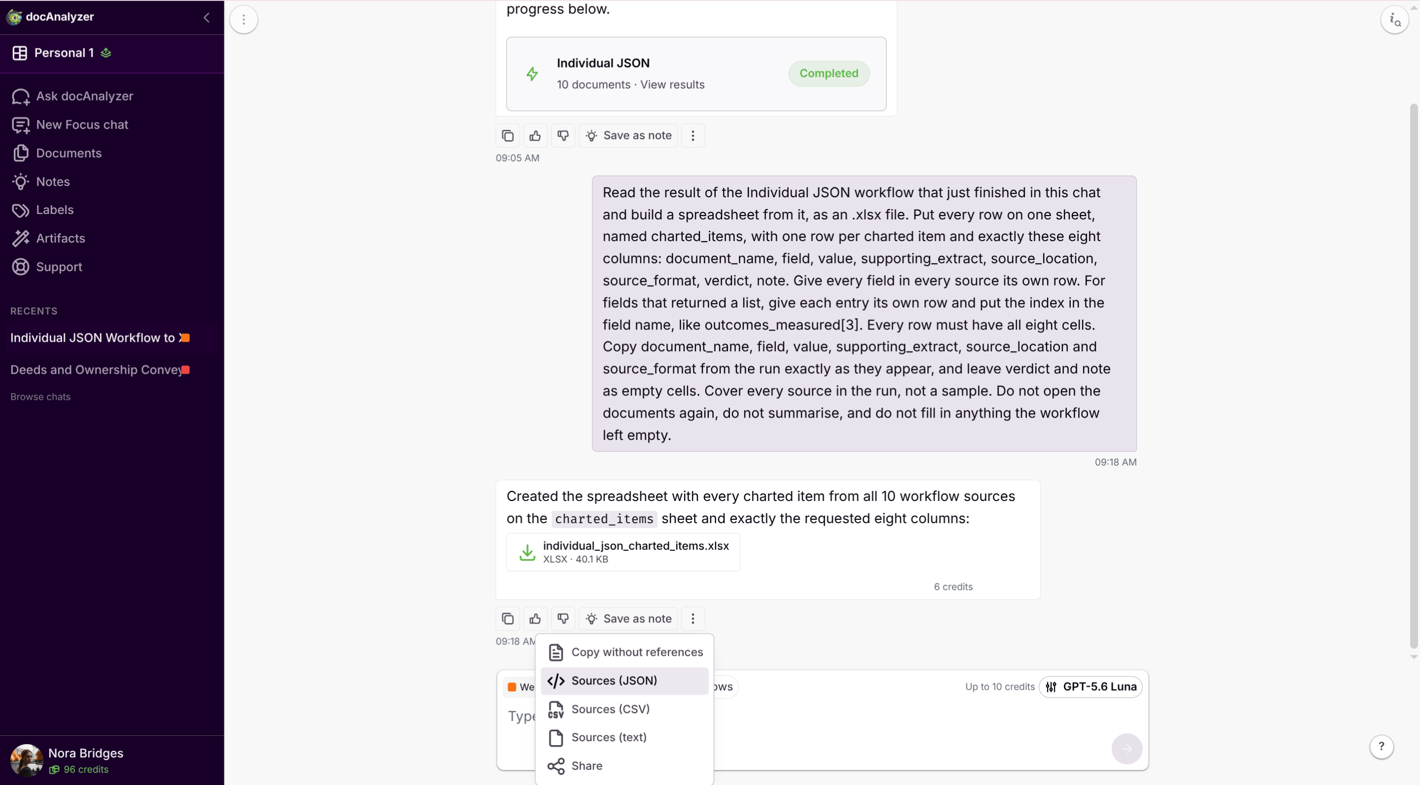 The Sources download menu offering JSON, CSV and text