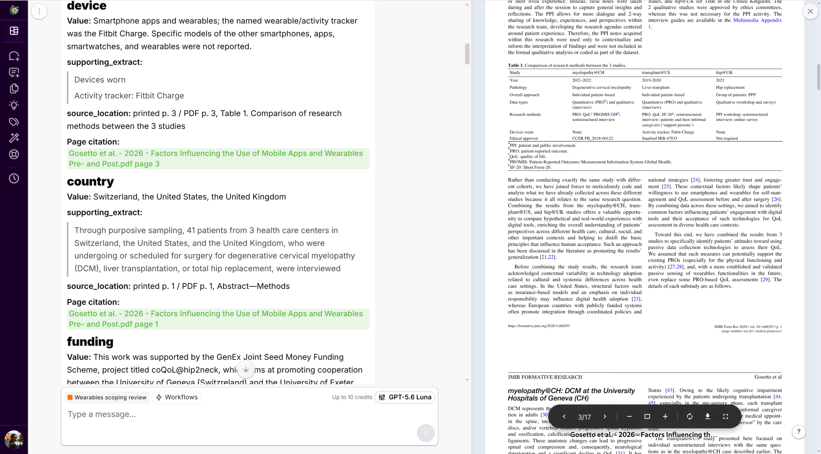 A chat answer with clickable citations beside the source document open at the cited page