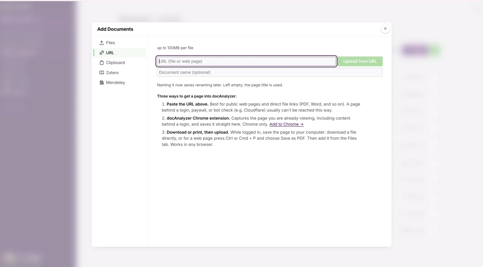 docAnalyzer Add Documents panel on the URL tab