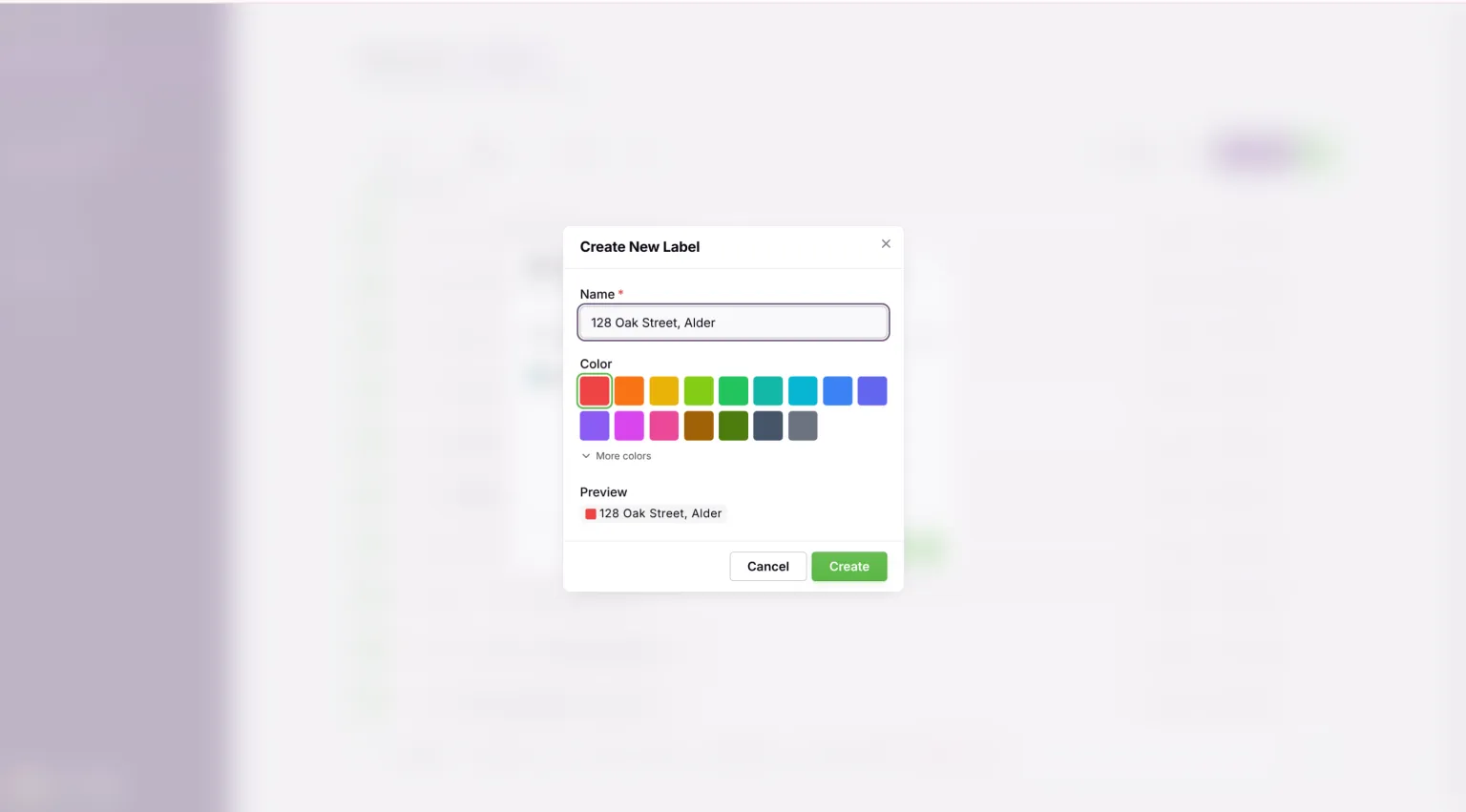 The Create New Label dialog