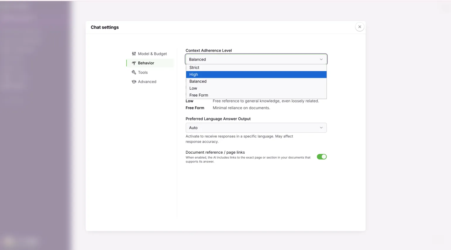 Chat settings Behavior panel with Context Adherence set to High