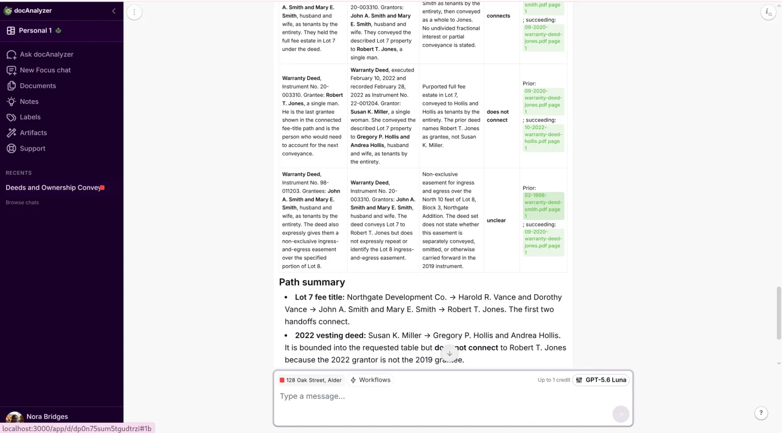 Drafted chain-linkage table with citation links