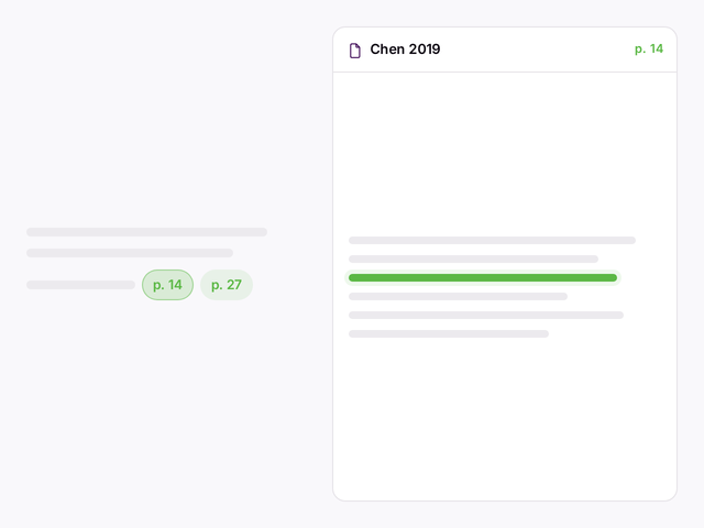 Cited answer with clickable page references that open the document viewer