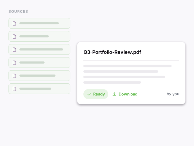 A library of source documents producing one finished, downloadable report