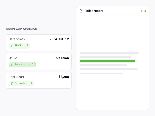 Claims package classified, field-extracted, and structured into a decision card