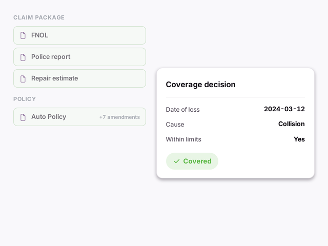 A claim package and policy reconciling into a structured coverage decision
