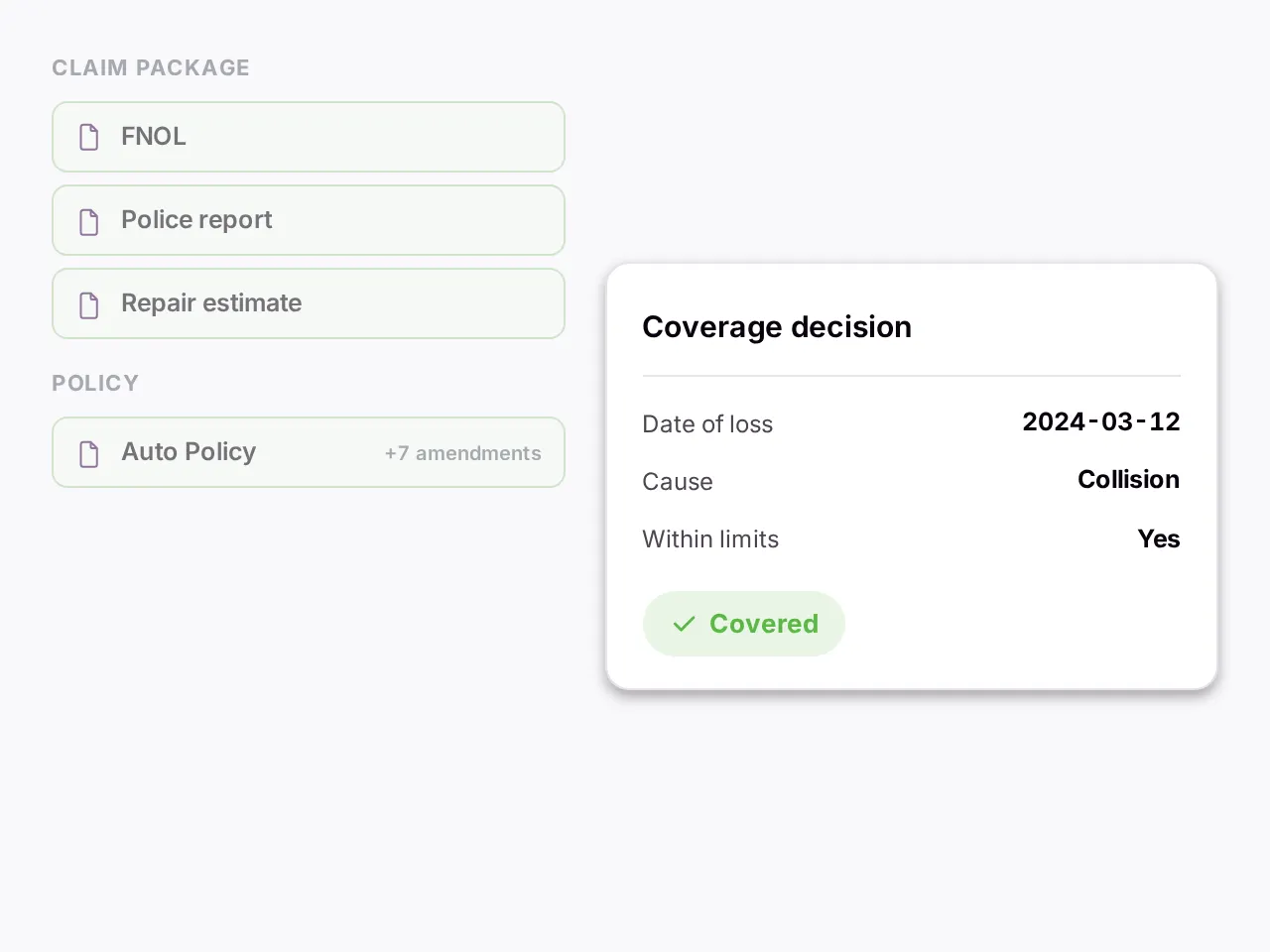 A claim package and policy reconciling into a structured coverage decision