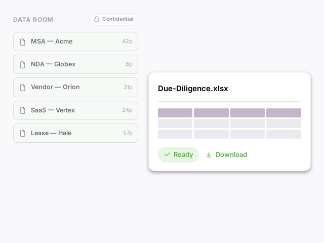 A data room of agreements assembling into a due-diligence spreadsheet