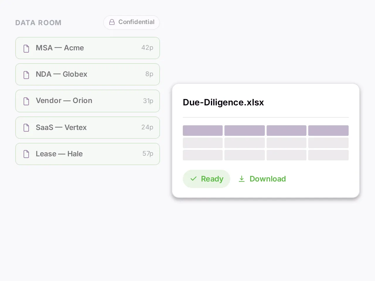 A data room of agreements assembling into a due-diligence spreadsheet