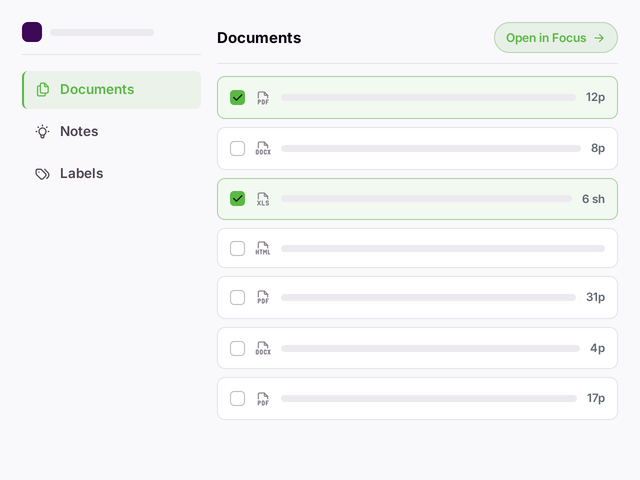 The document workspace: browse documents, notes, and labels, then open a selection in a Focus chat